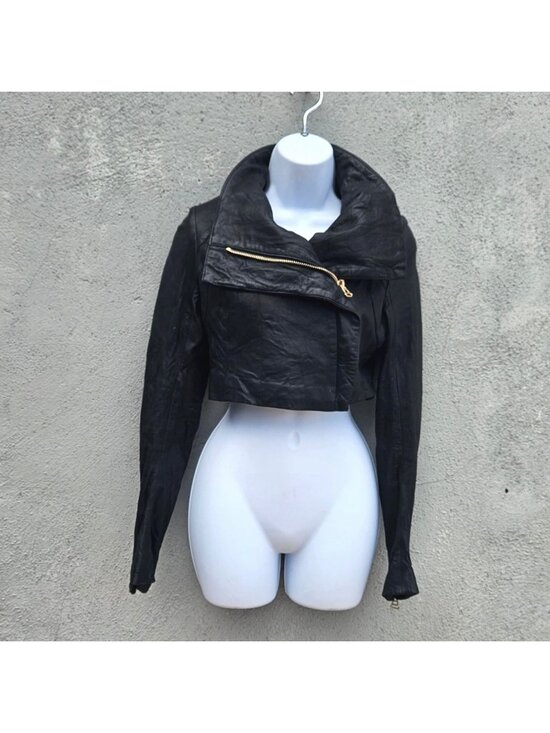 Pegah Anvarian Jackets & Blazers - Vintage Pegah Anvarian Black Lambskin Leather Cropped Bolero Moto Jacket XS Rare